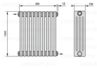 Схема (чертеж) Радиатор Zehnder Charleston 4100/10 №1670 Белый глянцевый RAL 9016